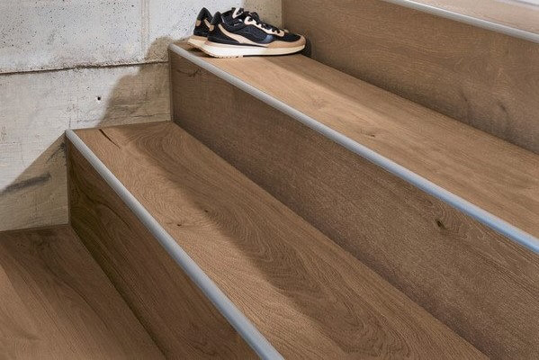 greige wood flooring on stairs
